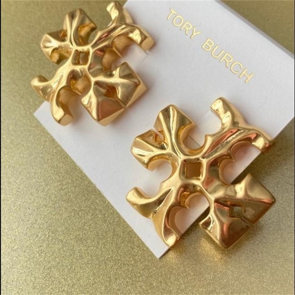 Tory Burch Double T Logo Roxanne Golden Large Clip On Stud  Tory Burch Authentic Bold Statement Double T Golden Roxanne Large Stud Earrings